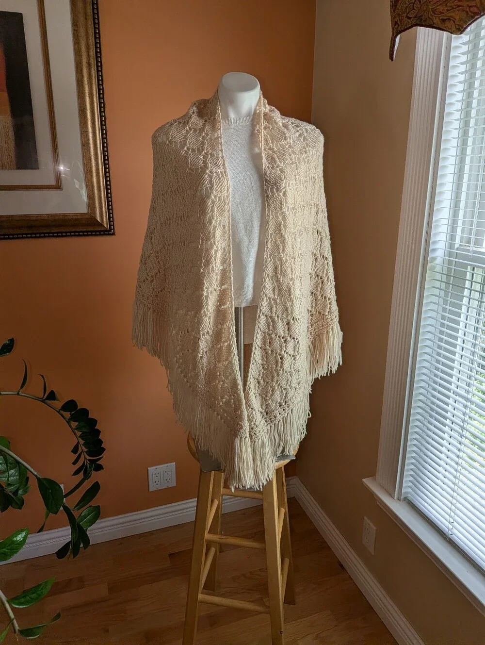 Cream Knitting Fringe Shawl Boho Wrap - Brand Length 71” inches